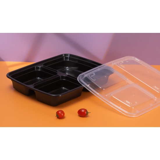 Plastic 3 Compartment Rectangular Container & Lid-Black