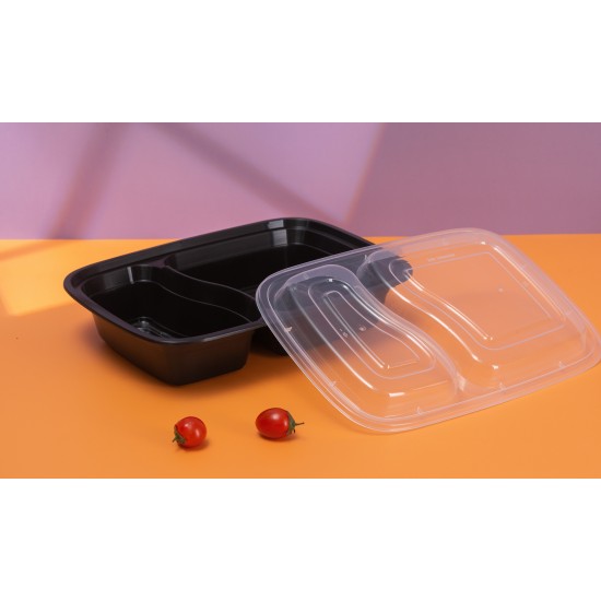 Plastic 2 Compartment Rectangular Container & Lid-Black